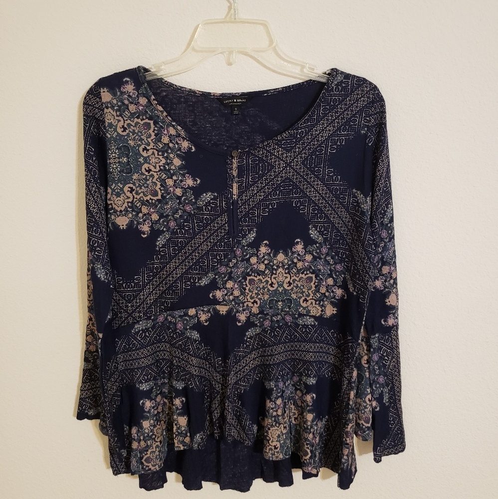 Lucky Brand Navy Floral Bell Sleeve Blouse Top
